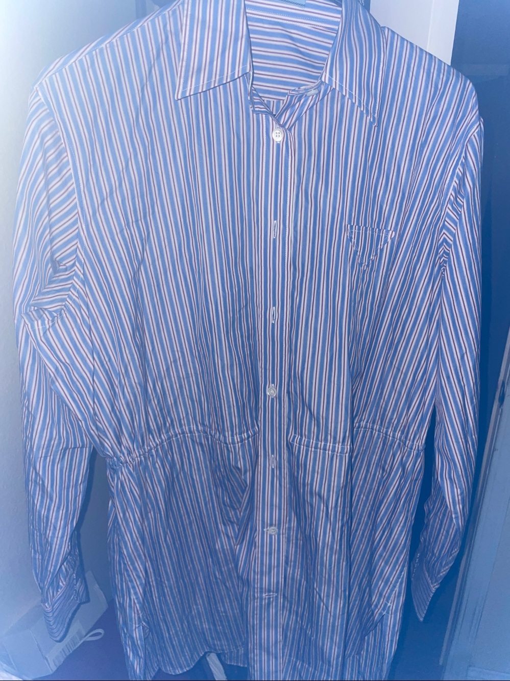 Prada Blue, Red and White Striped Button-Front Dress Shirt